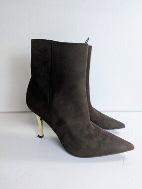 Nine West Dark Brown Suede like Pointed Toe Ankle Boots with Gold Heel